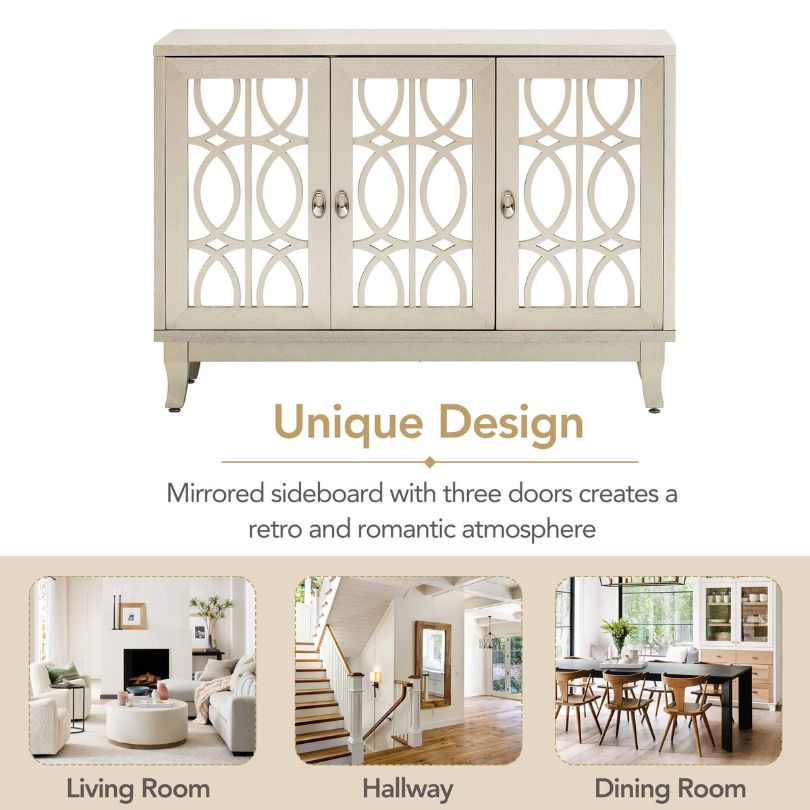 Champagne gold mirrored buffet cabinet front view, highlighting three glass doors and silver handles.