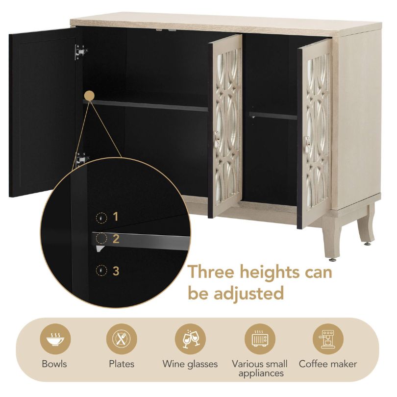 Elegant champagne gold sideboard in a dining room setting, featuring stylish decor and ample storage.