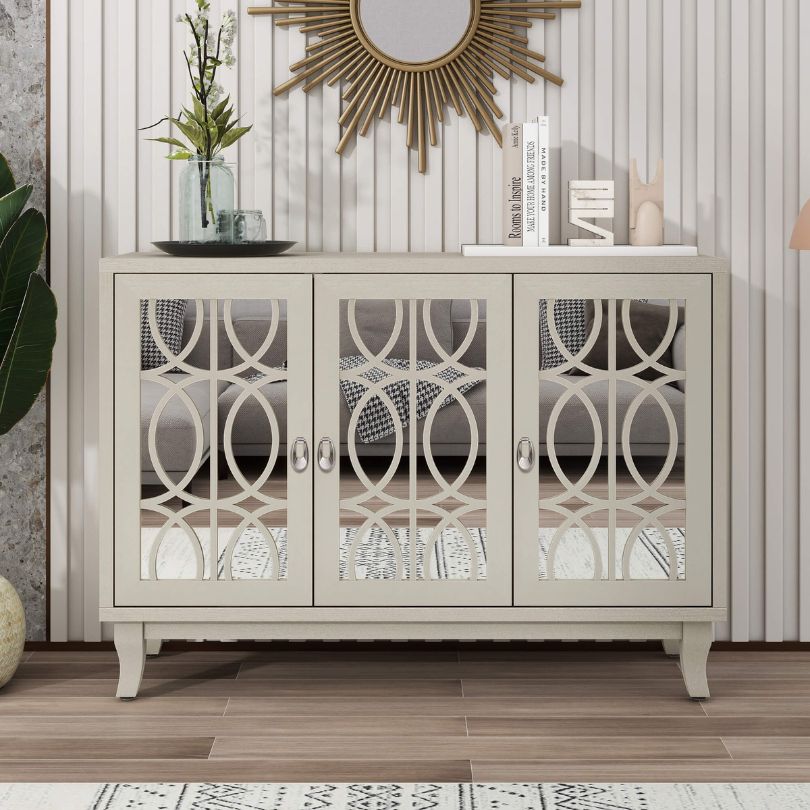 Champagne gold mirrored buffet cabinet front view, highlighting three glass doors and silver handles.