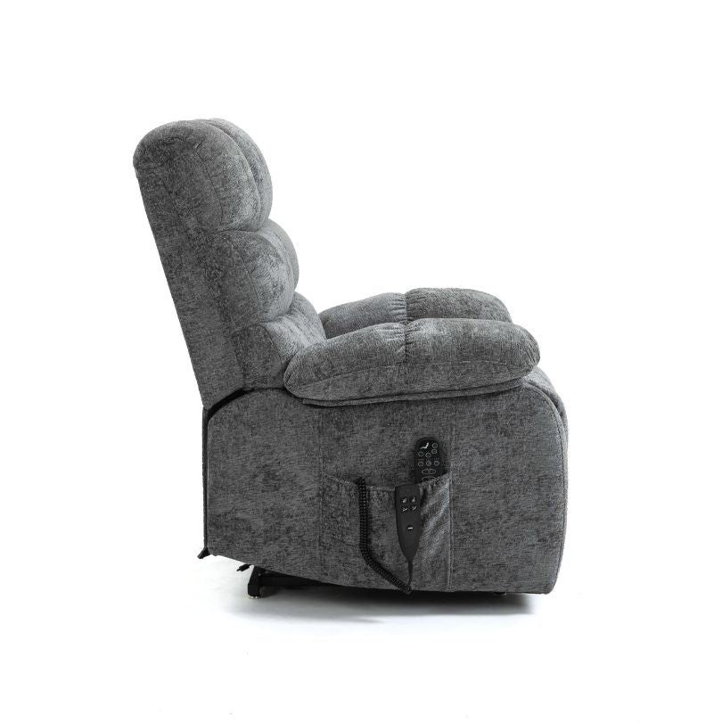 Comfortable setting of the dual motor lift chair in a living room, highlighting its modern design and heat function.