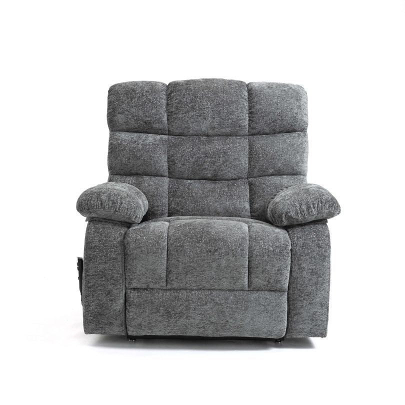 Luxury Chenille Dual Motor Lift Recliner with heat and massage, angled view showcasing plush cushioning.