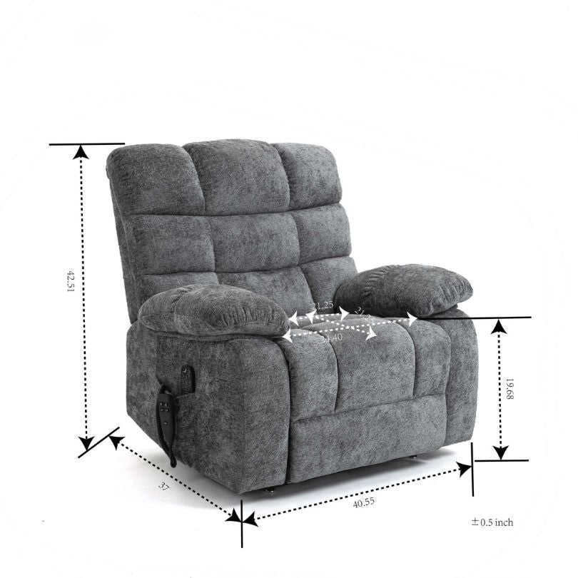 Comfortable setting of the dual motor lift chair in a living room, highlighting its modern design and heat function.