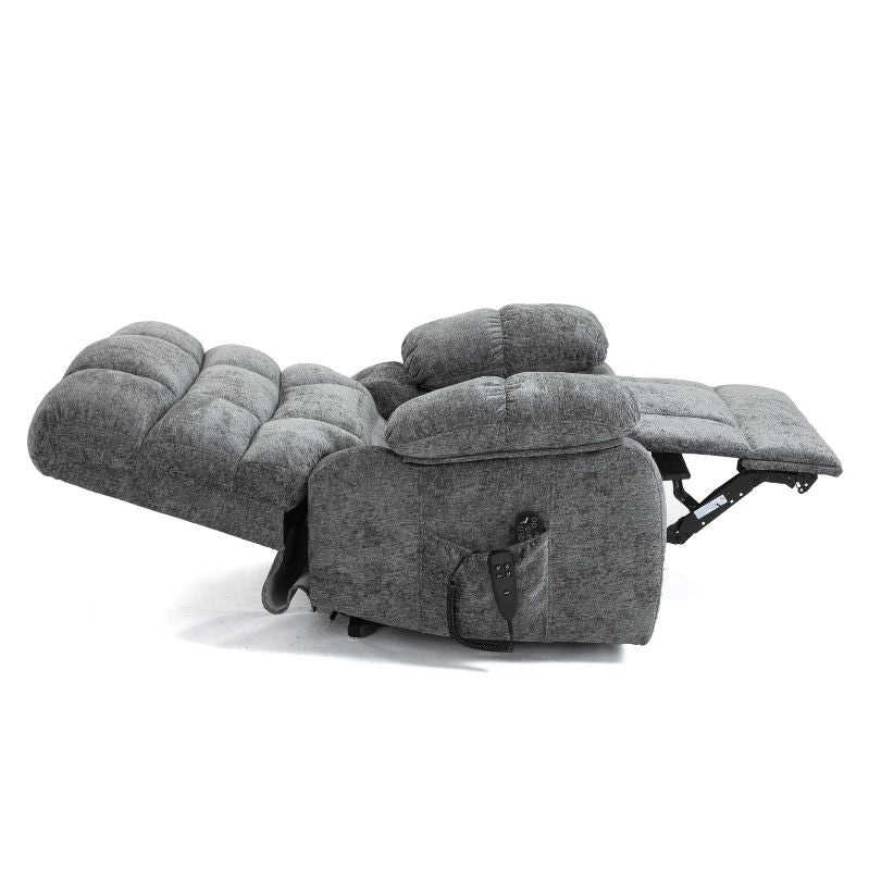 Luxury Chenille Dual Motor Lift Recliner with heat and massage, angled view showcasing plush cushioning.