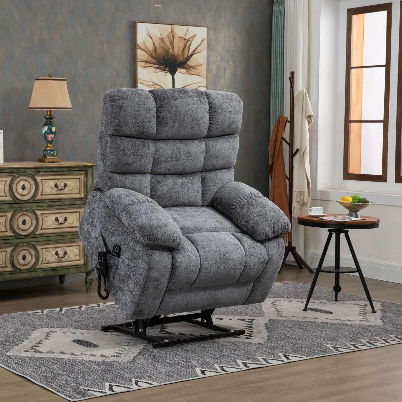 Luxury Chenille Dual Motor Lift Recliner with heat and massage, angled view showcasing plush cushioning.