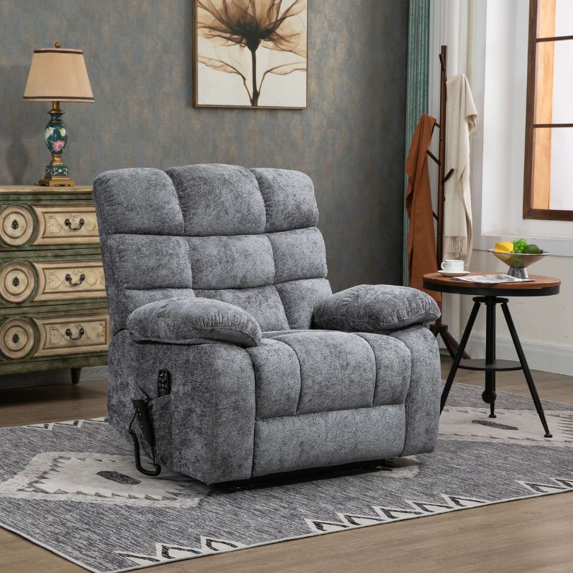 Comfortable setting of the dual motor lift chair in a living room, highlighting its modern design and heat function.
