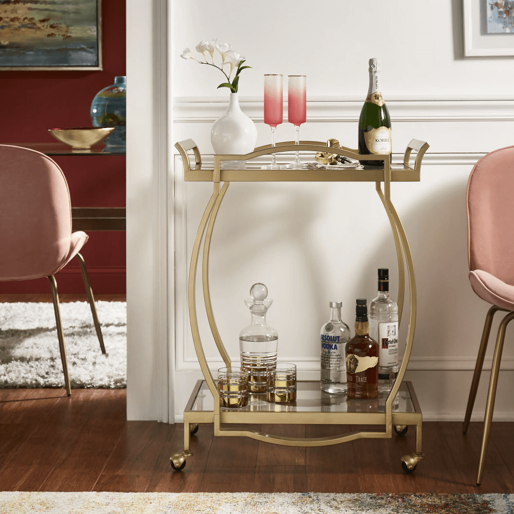 Chesley Metal Cocktail Cart with drinks displayed on glass shelves