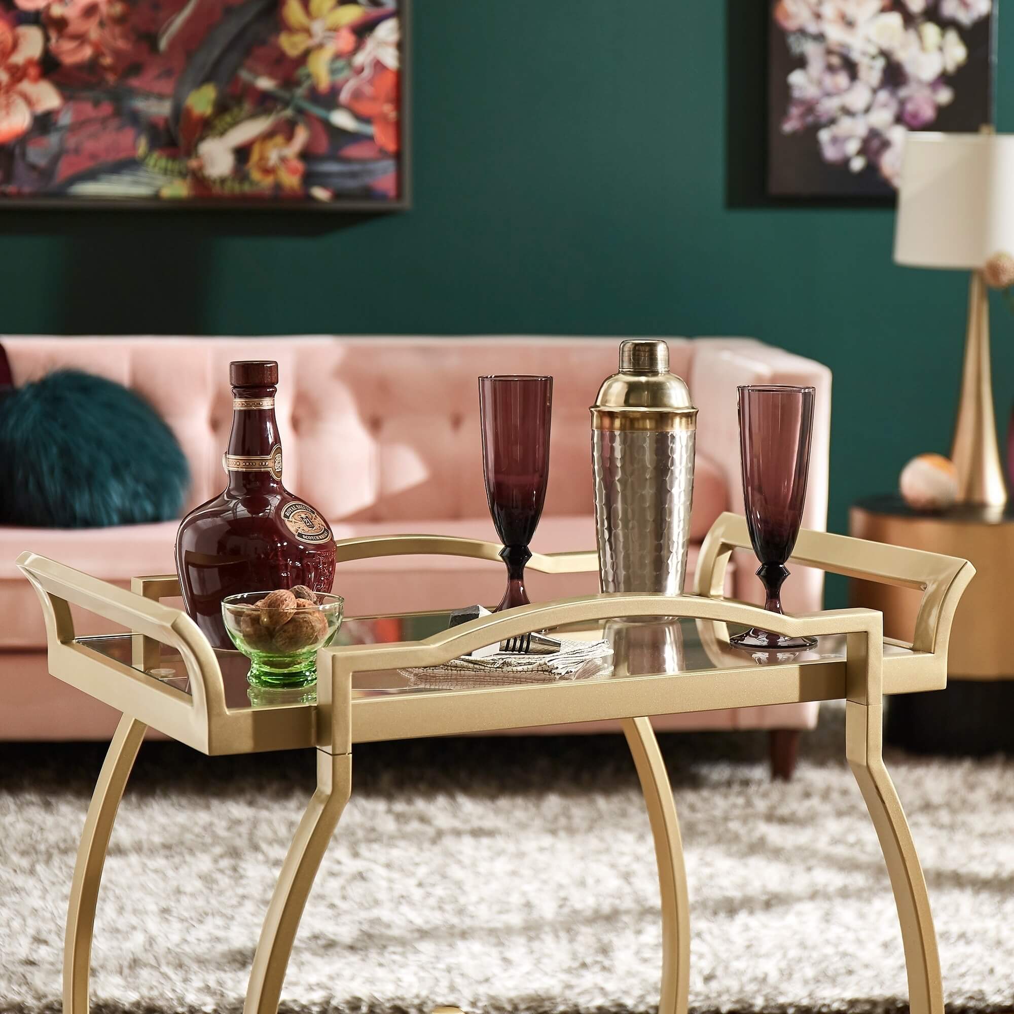 Elegant luxury bar cart in a modern living room setting