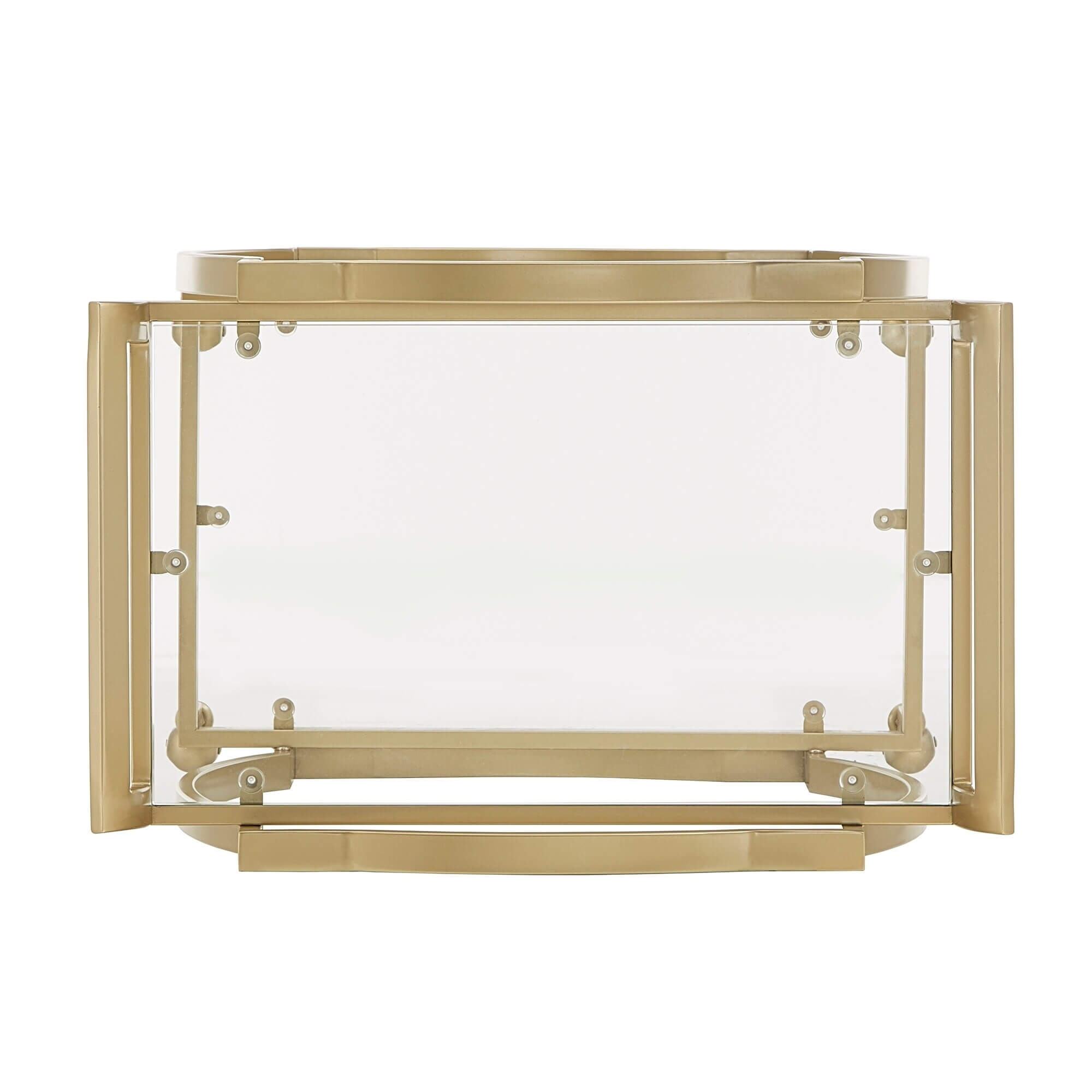 Close-up of the gold finish and tempered glass of the cocktail cart