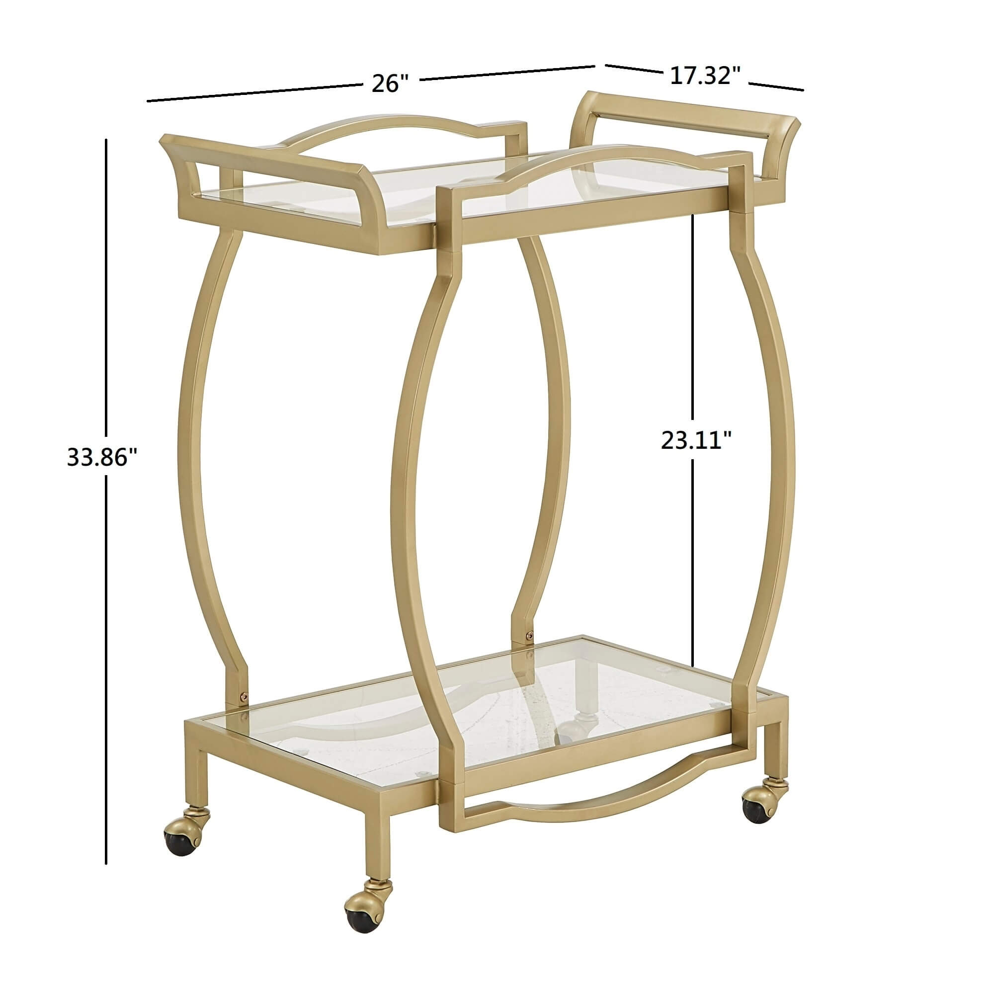 Close-up of the gold finish and tempered glass of the cocktail cart