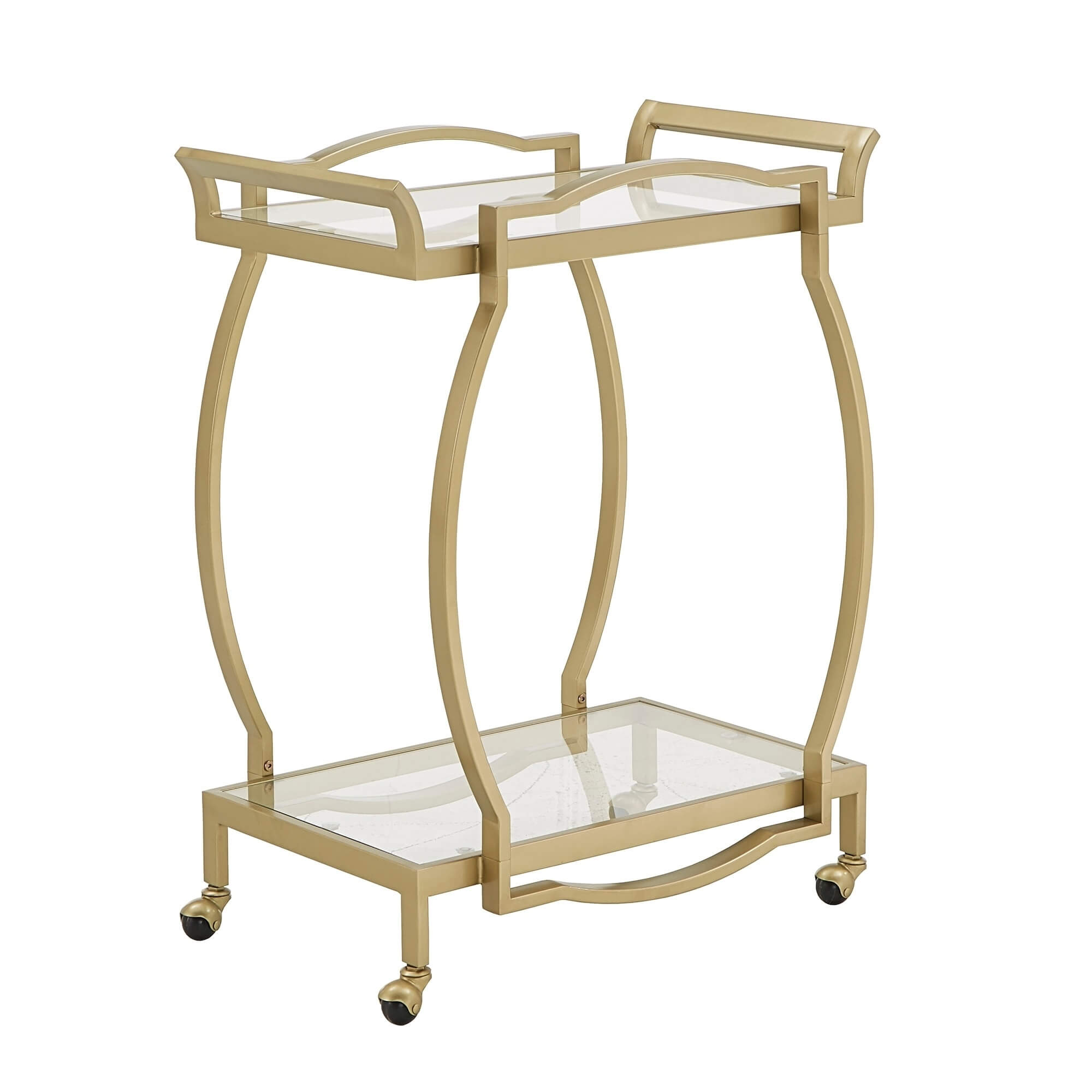 Close-up of the gold finish and tempered glass of the cocktail cart