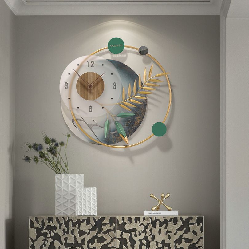 Elegant Chinese Iron Leaf Statement Clock showcasing its vibrant colors and intricate design from a frontal view.