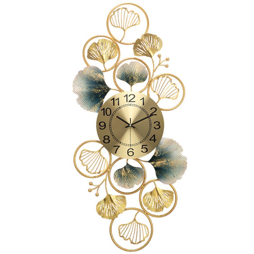 Front view of the Modern Ginkgo Leaf Design Wall Clock in a stylish living room setting.