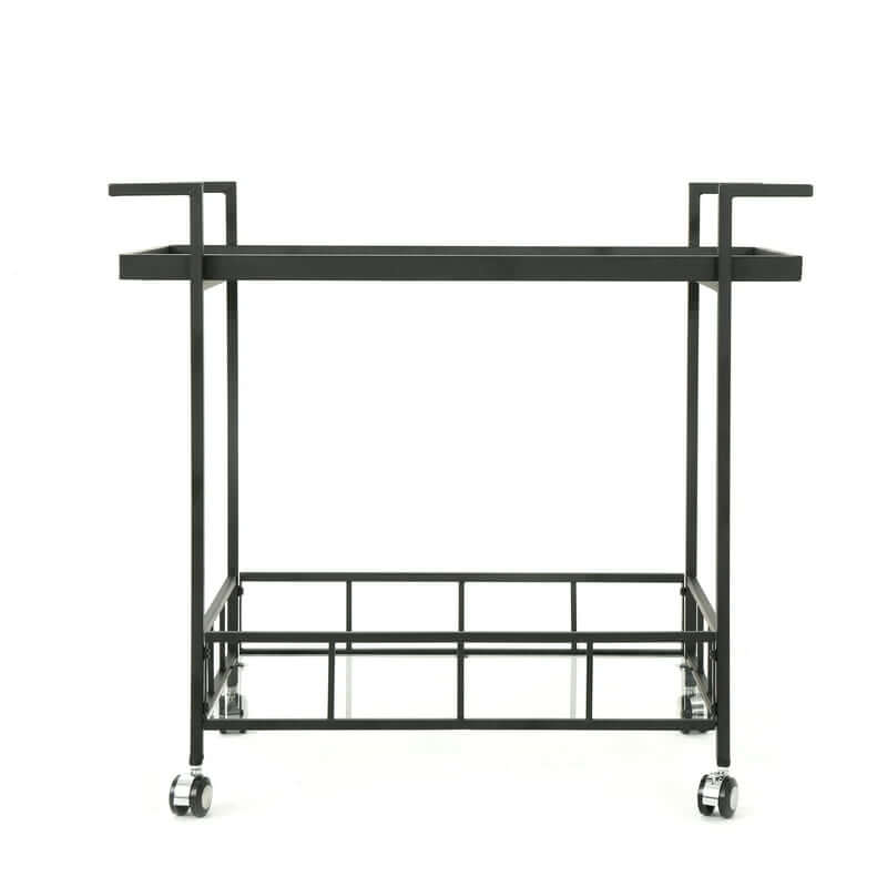 Chic black frame tempered glass bar cart showcasing wine and glasses in a dining setting.