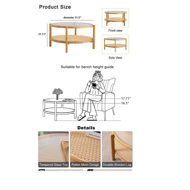 View of the glass top and rattan mesh design, highlighting the craftsmanship of the coffee table.