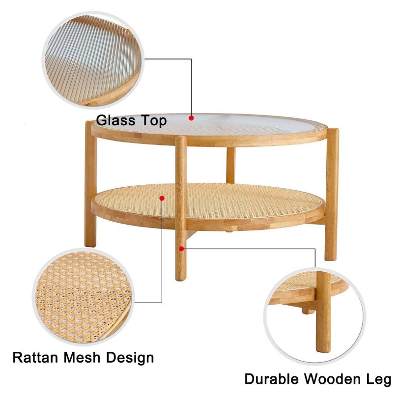 Modern circular glass coffee table with a rattan base, showcasing its elegant design.