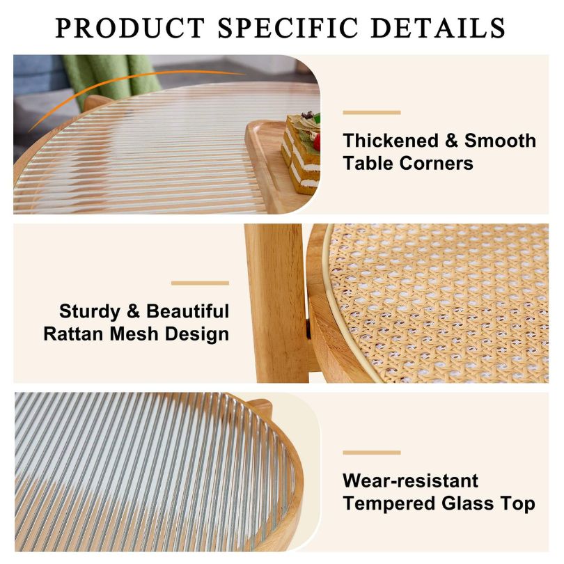 View of the glass top and rattan mesh design, highlighting the craftsmanship of the coffee table.