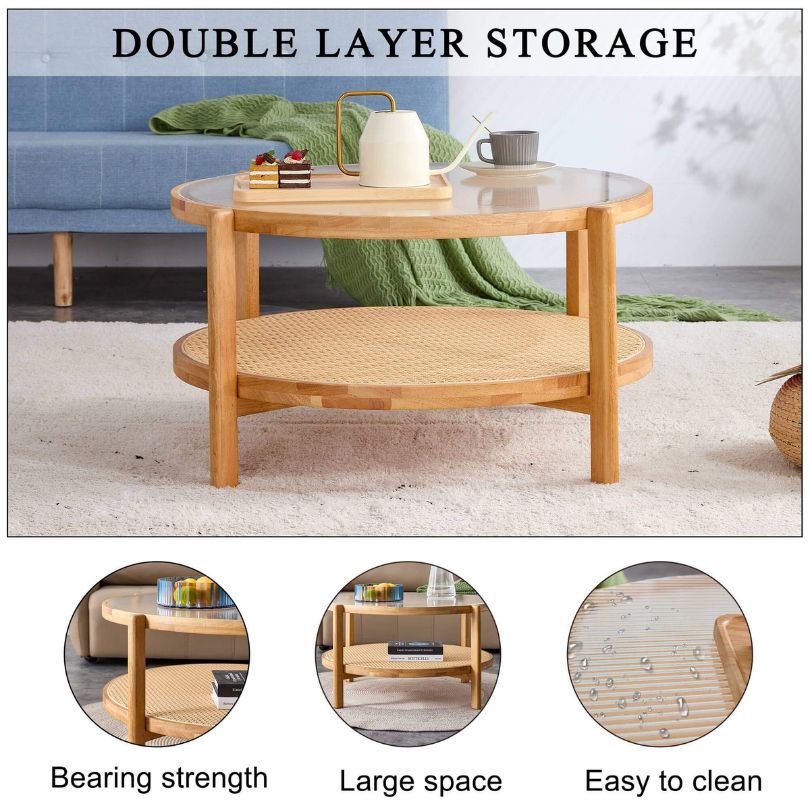 Double-layer coffee table in a living room setting, displaying various decor items.