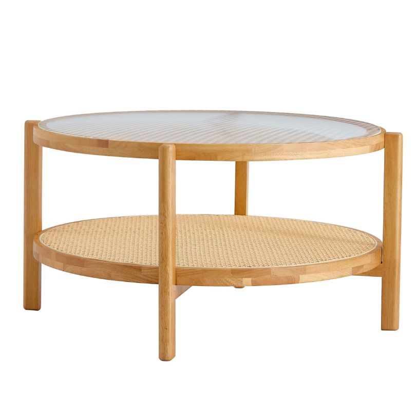 View of the glass top and rattan mesh design, highlighting the craftsmanship of the coffee table.