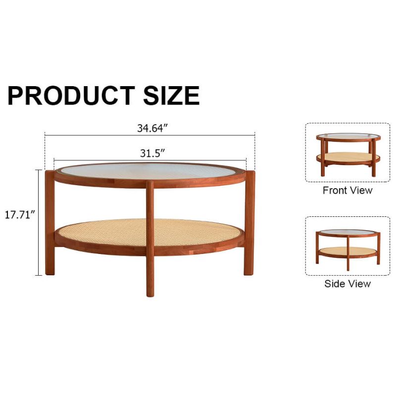 Elegant circular teak glass coffee table styled with decor items in a cozy living space.