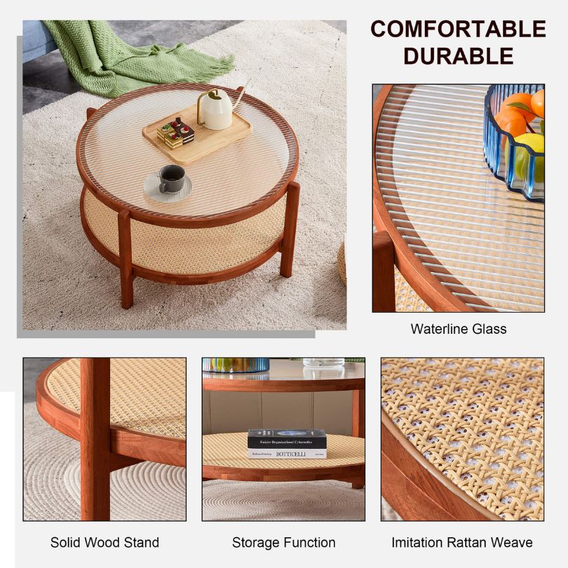 Chic circular teak glass coffee table showcasing rattan details in a modern living room.