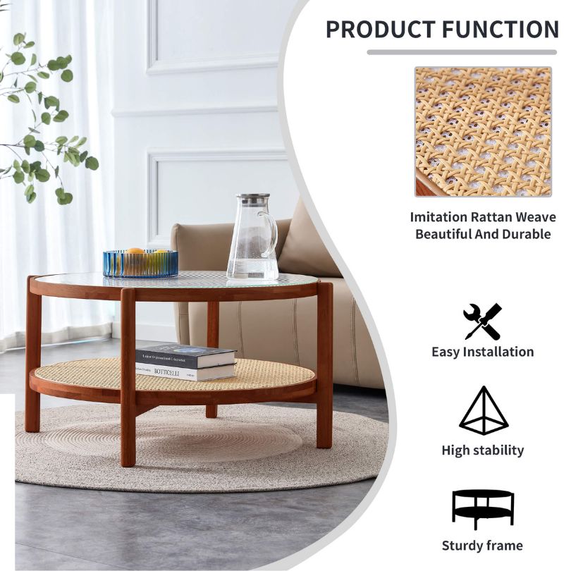 Elegant circular teak glass coffee table styled with decor items in a cozy living space.