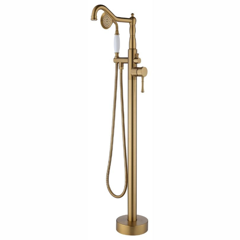 Elegant Brushed Gold Freestanding Bathtub Faucet with Handheld Shower - Image 4