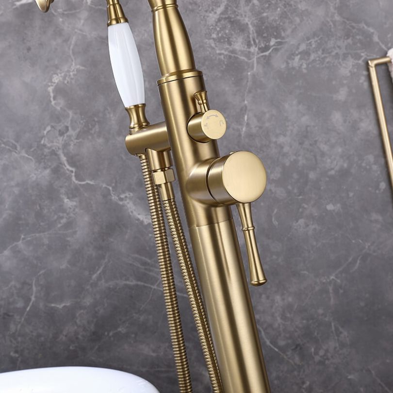 Elegant Brushed Gold Freestanding Bathtub Faucet with Handheld Shower - Image 6