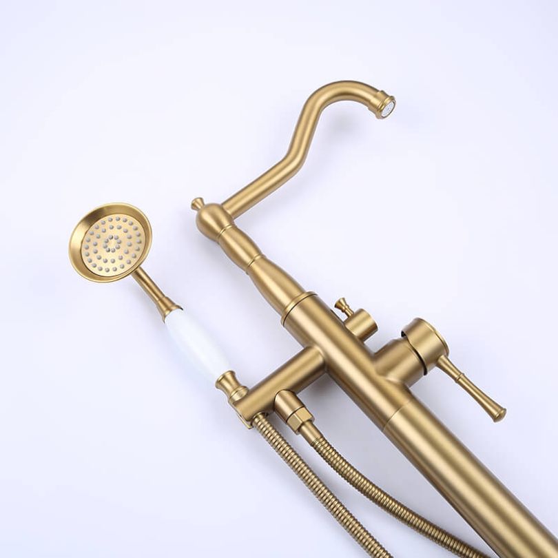 Elegant Brushed Gold Freestanding Bathtub Faucet with Handheld Shower - Image 8