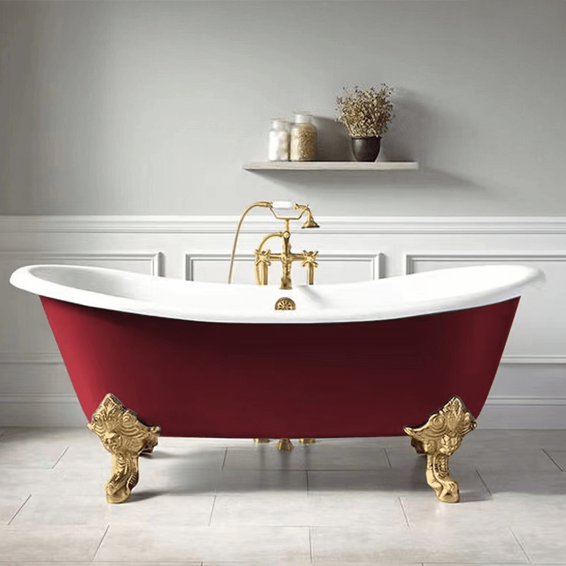 Elegant clawfoot bathtub featuring a white finish with golden feet, perfect for luxury bathrooms.