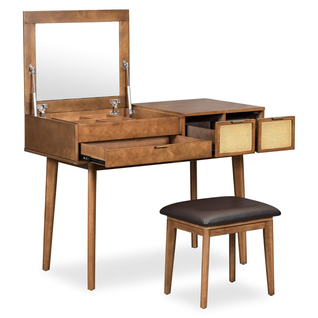 Glamorous Classic Vanity Set featuring a flip-top mirror and plush stool, ideal for makeup application in a stylish bedroom.