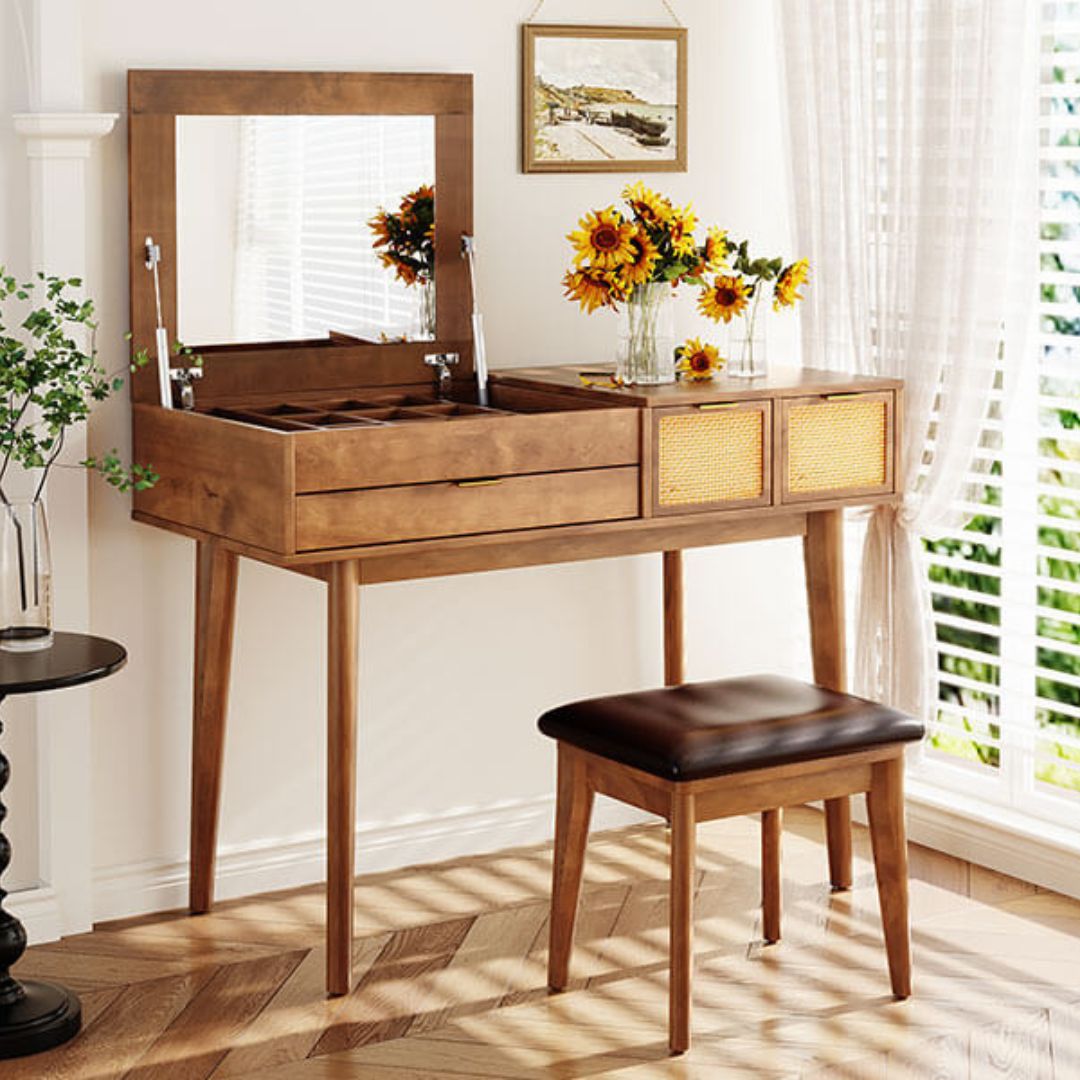 Glamorous Classic Vanity Set featuring a flip-top mirror and plush stool, ideal for makeup application in a stylish bedroom.