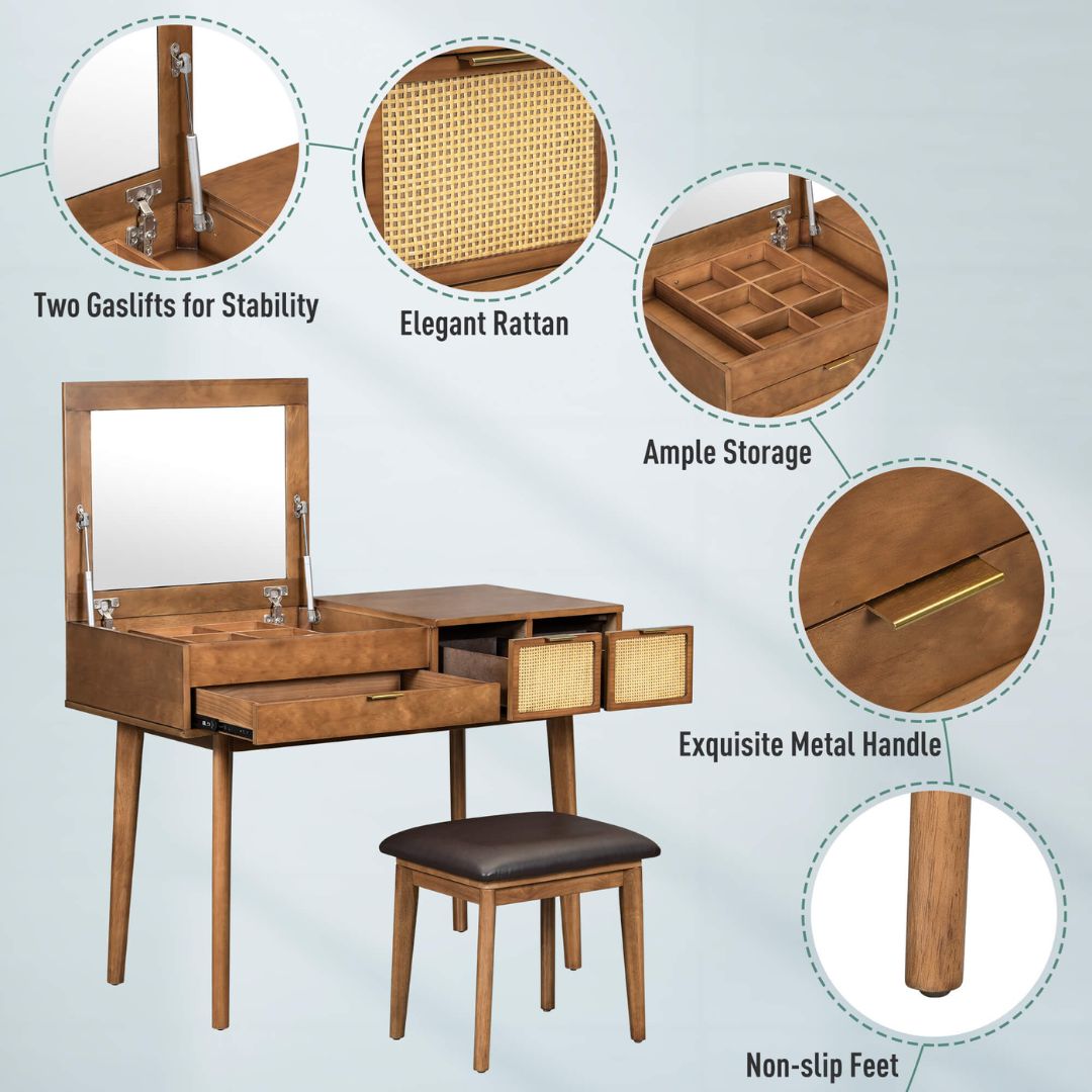 Glamorous Classic Vanity Set featuring a flip-top mirror and plush stool, ideal for makeup application in a stylish bedroom.