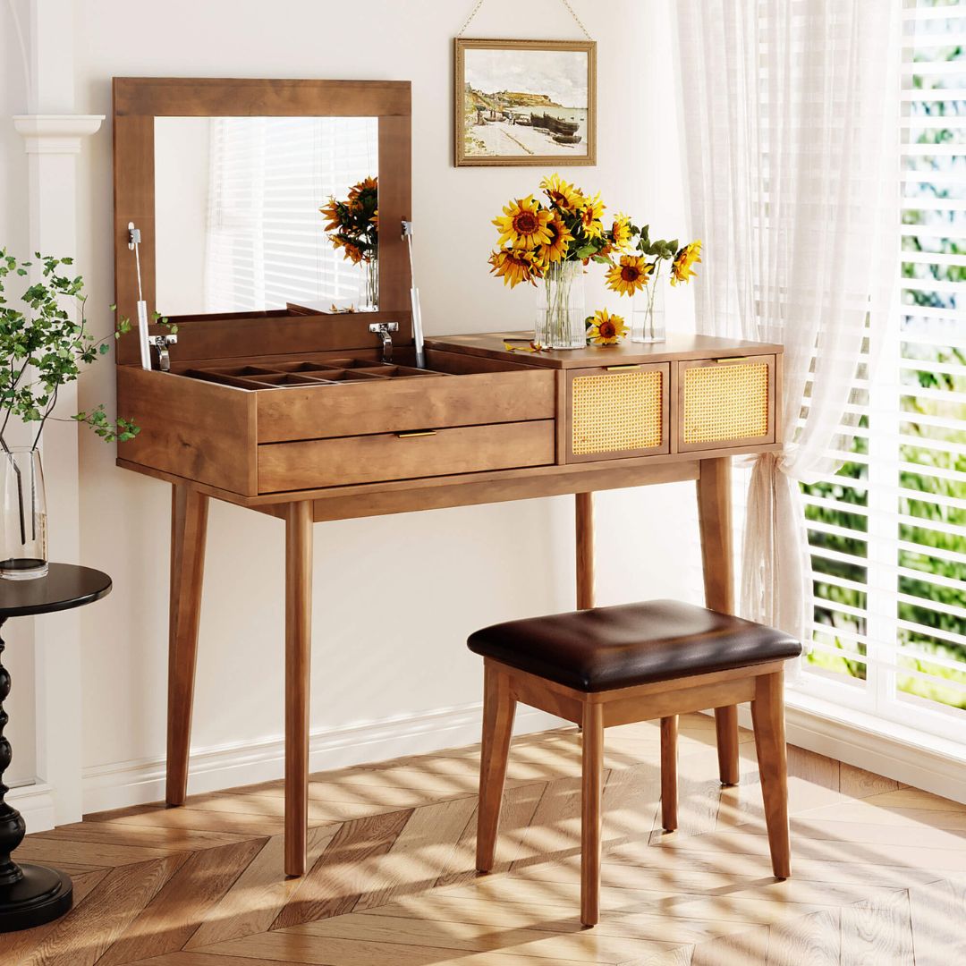 The Classic Vanity Set with stool set up in a chic bedroom, highlighting its timeless style and functionality.