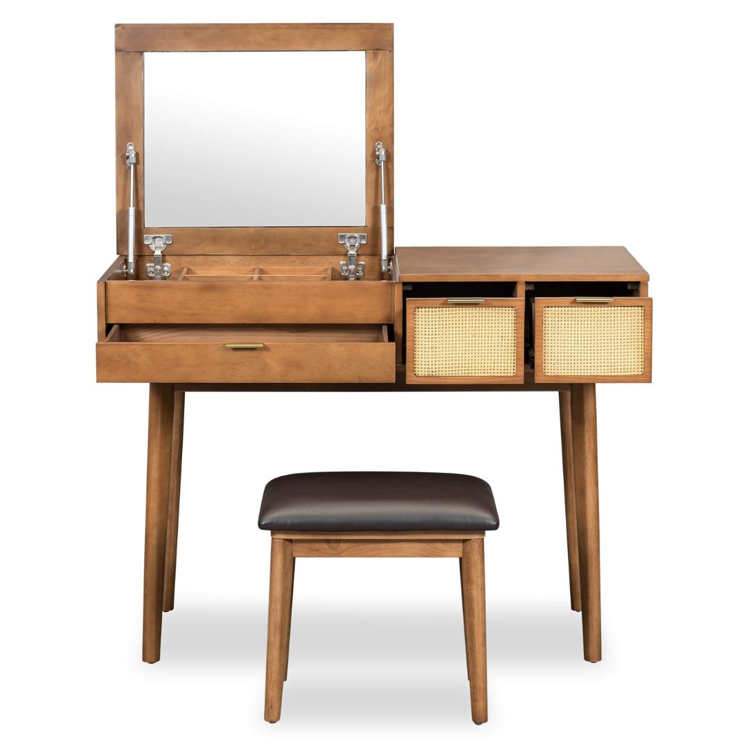 Close-up of the flip-top mirror of the Classic Makeup Vanity, showcasing its elegant design and ample work surface.