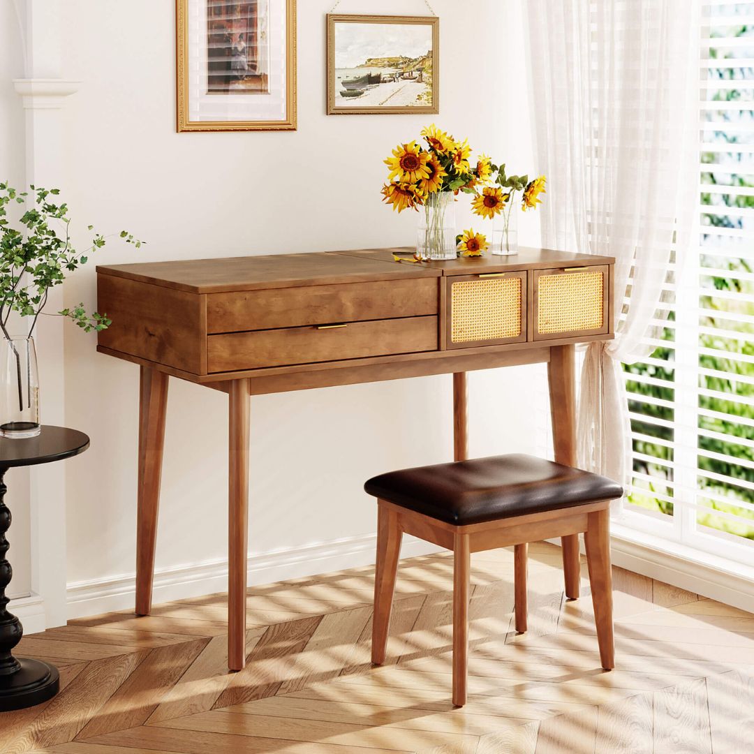 Glamorous Classic Vanity Set featuring a flip-top mirror and plush stool, ideal for makeup application in a stylish bedroom.