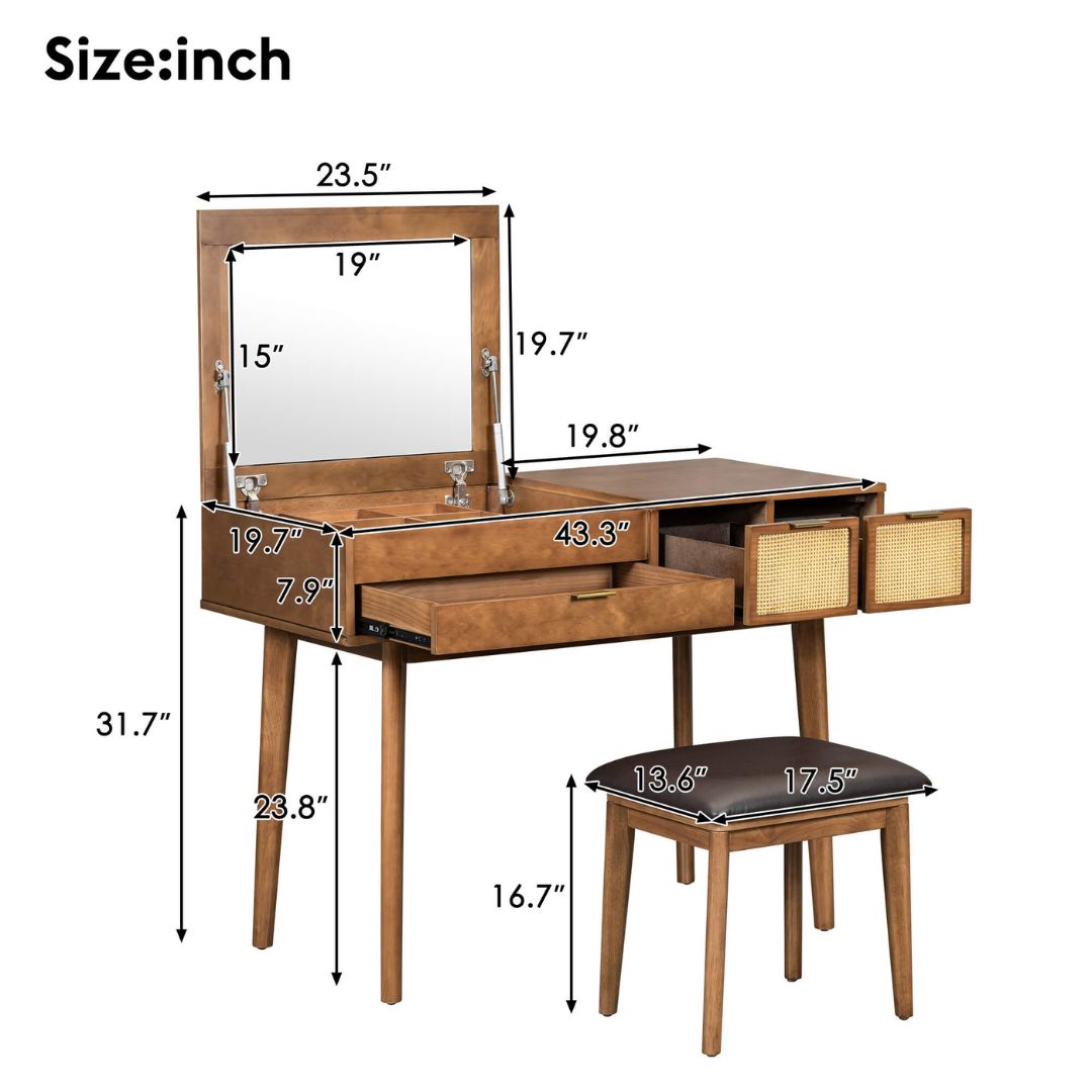 Close-up of the flip-top mirror of the Classic Makeup Vanity, showcasing its elegant design and ample work surface.