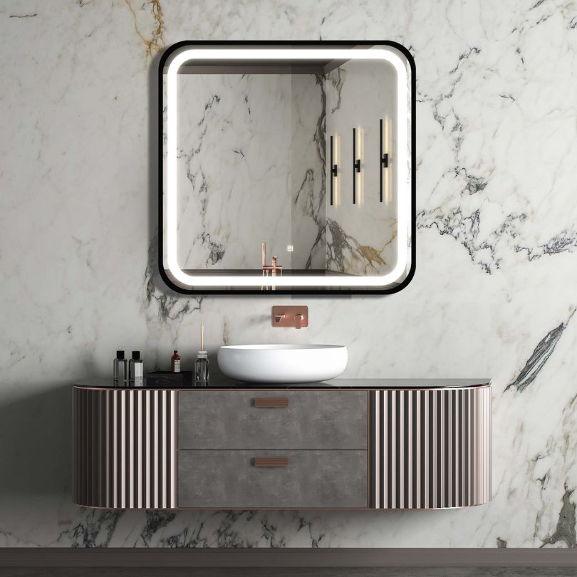 Sleek compact LED bathroom mirror showcasing touch control and anti-fog feature.