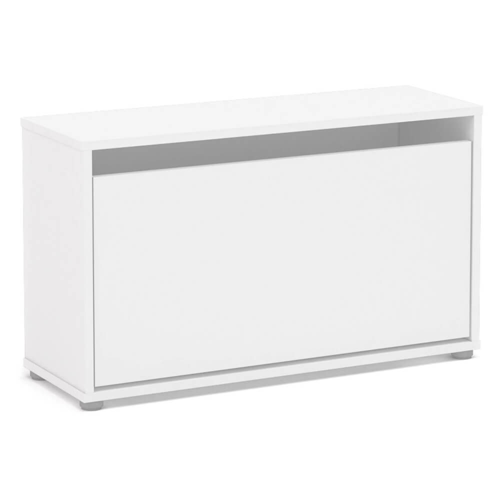 Sleek white shoe organizer showcasing shoes in a tidy entryway