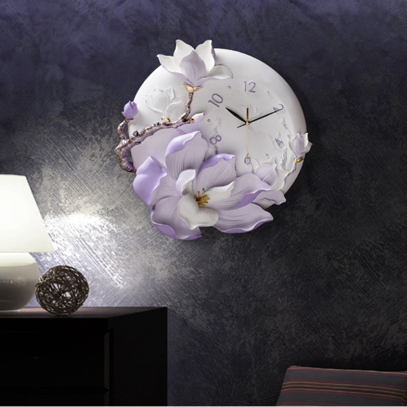 Elegant 3D wall clock showcasing orchid petals on a modern wall