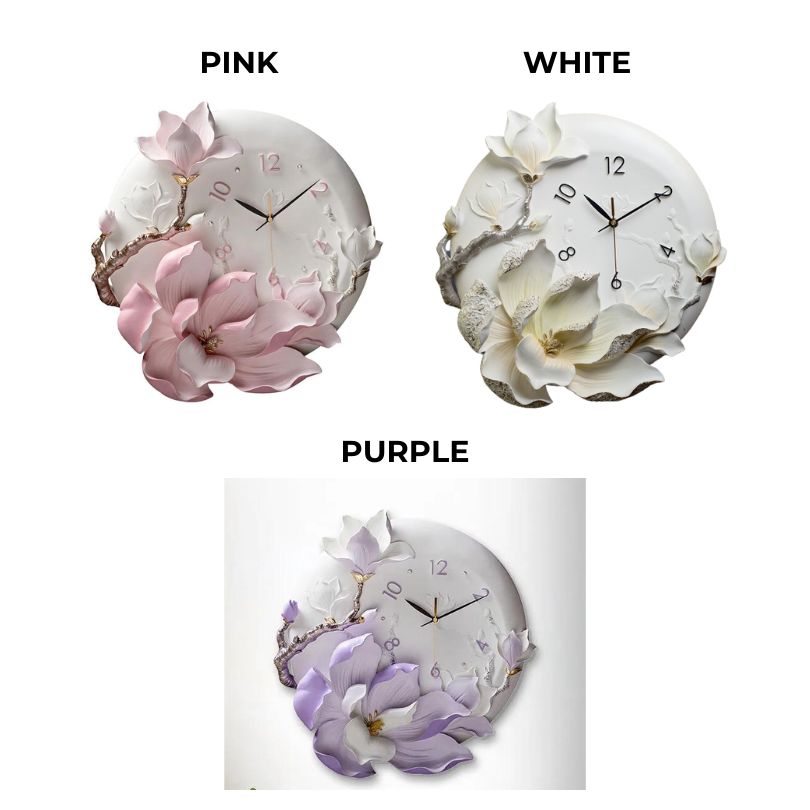 Close-up view of the orchid flower wall clock highlighting gold accents