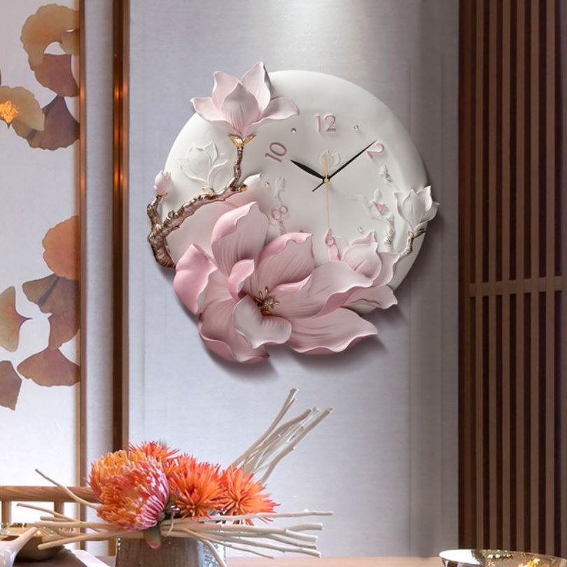 Elegant 3D wall clock showcasing orchid petals on a modern wall