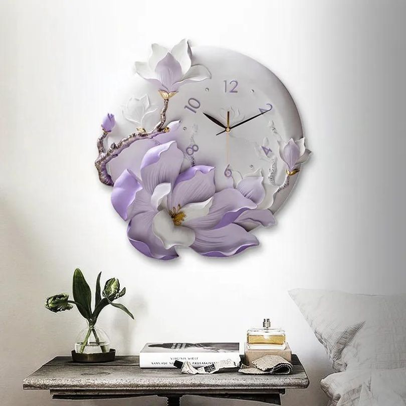 Elegant 3D wall clock showcasing orchid petals on a modern wall