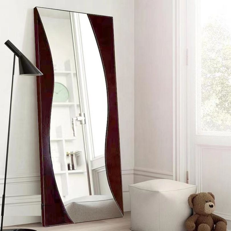 Front view of the sleek modern rectangular standing mirror showcasing its elegant design and solid wood frame.