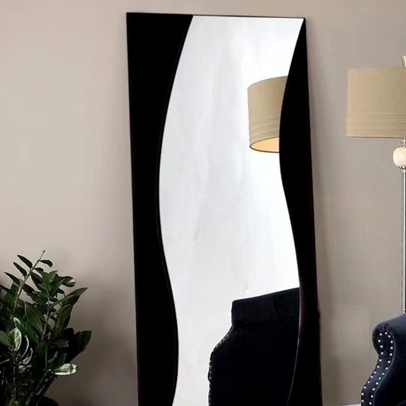 Front view of the sleek modern rectangular standing mirror showcasing its elegant design and solid wood frame.