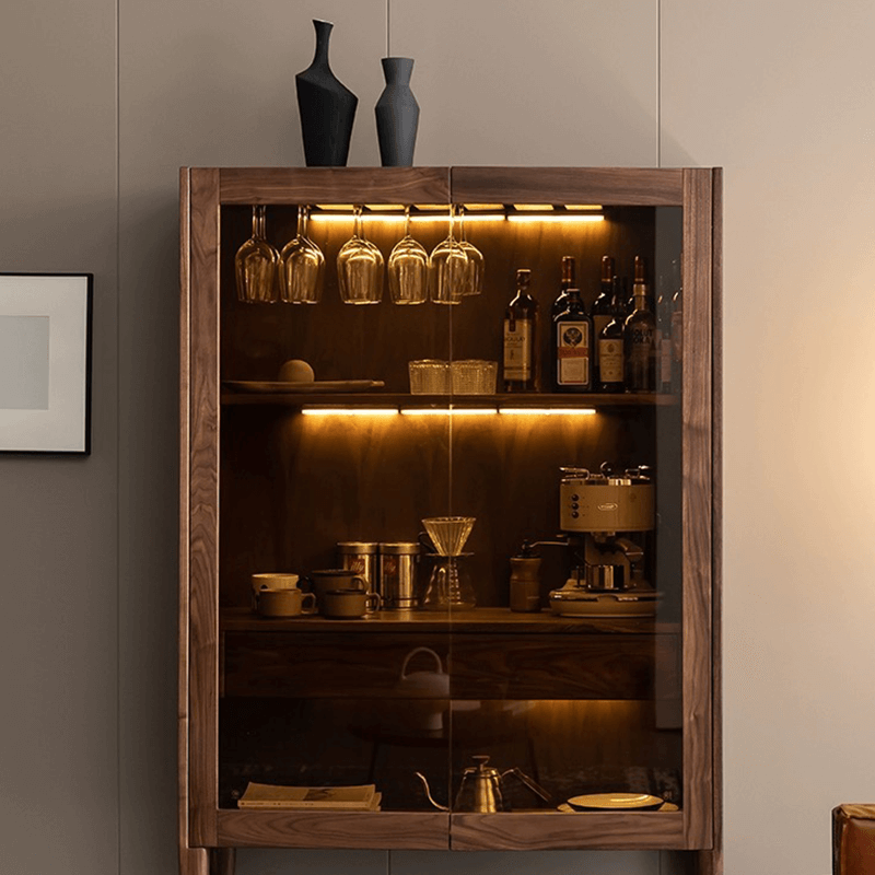 Close-up of the chic glass design on the modern wine cabinet.
