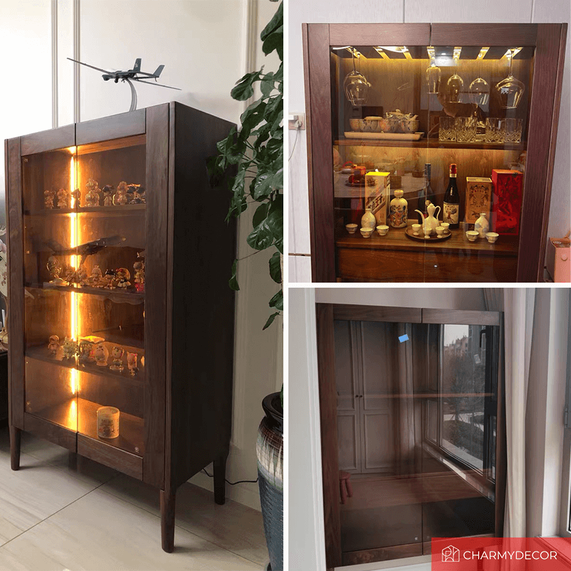 Front view of modern solid wood wine cabinet with shelves and lights.