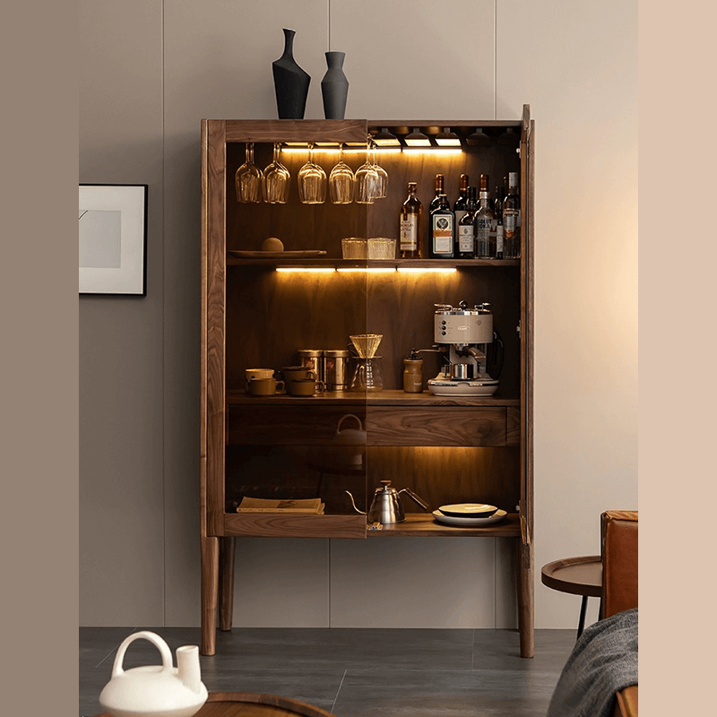 Front view of modern solid wood wine cabinet with shelves and lights.