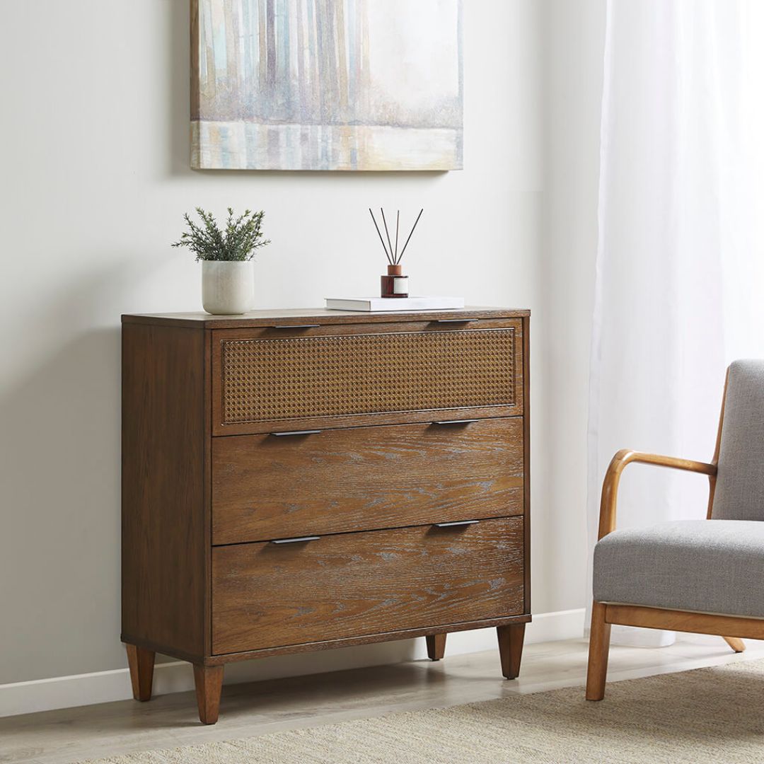 Side view of the 3-drawer accent chest showcasing its smooth finish and modern design.