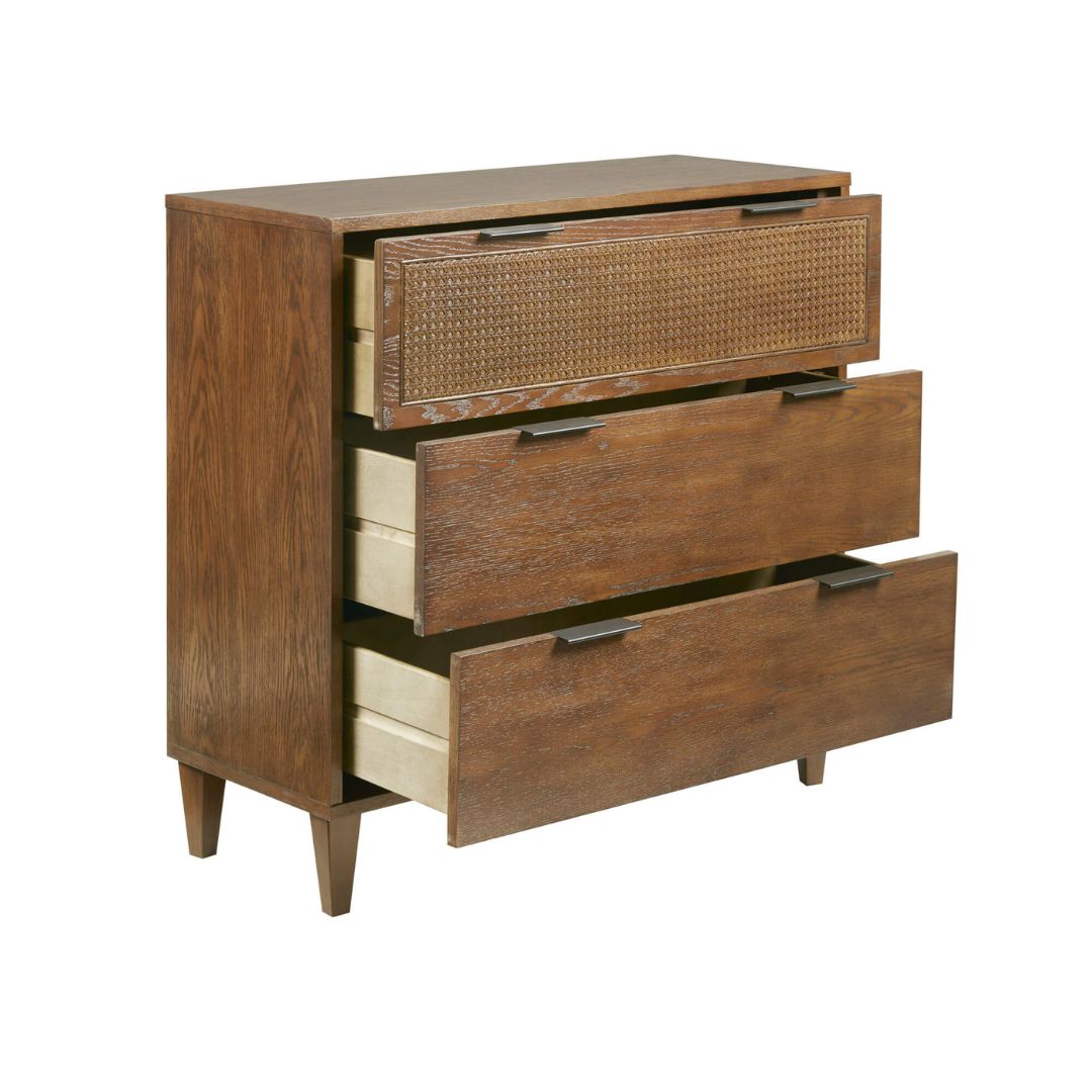 3-drawer chest placed in a modern living room, highlighting its functionality and aesthetic appeal.