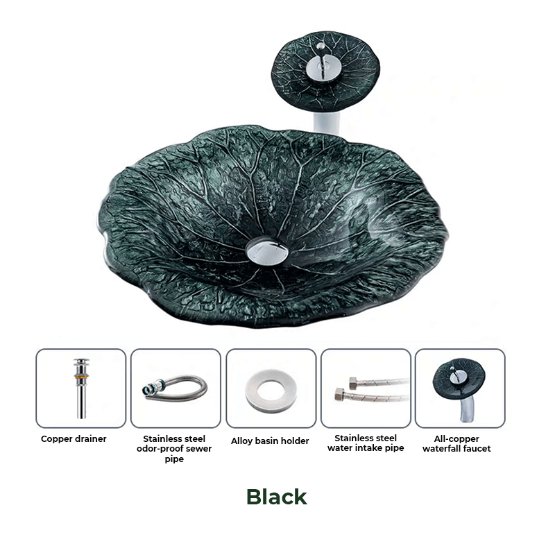 Top-down view of the luxury sinks featuring the dark green lotus leaf sink in a modern bathroom